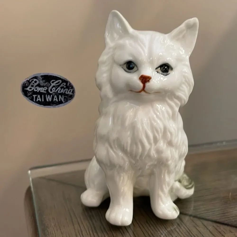 Vintage Bone China Taiwan Long Haired White Cat with Grey Ears & Tail Figurine